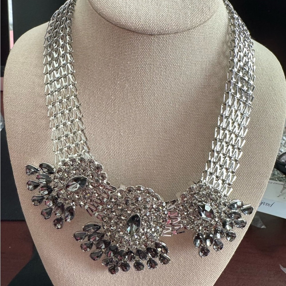 Park Lane Exquisite Silver & Gray Diamond Crystals Statement Necklace.